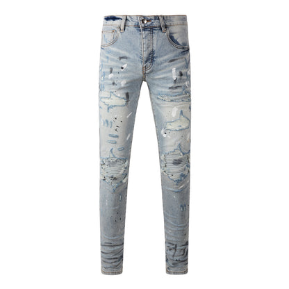 Men’s Light Blue Skinny Jeans with Paint Splatter, Heavy Rips, and Gradient Washed Effect 8899