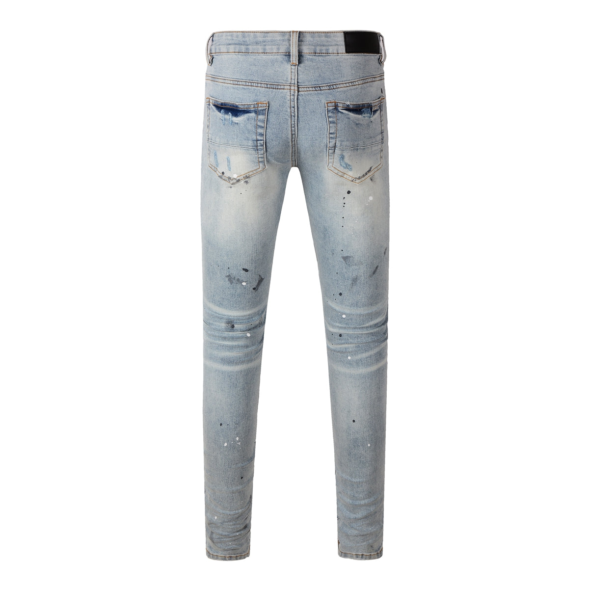 Men’s Light Blue Skinny Jeans with Paint Splatter, Heavy Rips, and Gradient Washed Effect 8899
