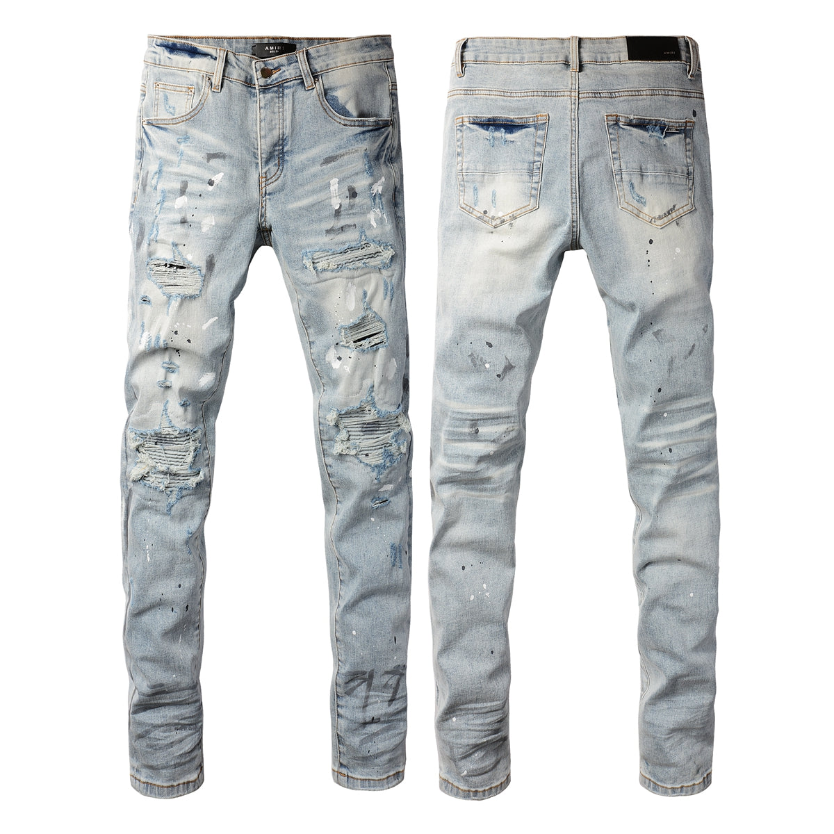 Men’s Light Blue Skinny Jeans with Paint Splatter, Heavy Rips, and Gradient Washed Effect 8899