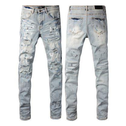 Men’s Light Blue Skinny Jeans with Paint Splatter, Heavy Rips, and Gradient Washed Effect 8899