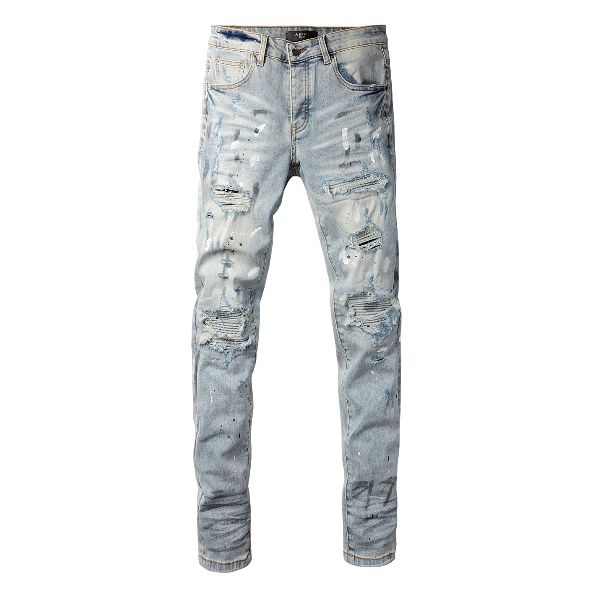 Men’s Light Blue Skinny Jeans with Paint Splatter, Heavy Rips, and Gradient Washed Effect 8899