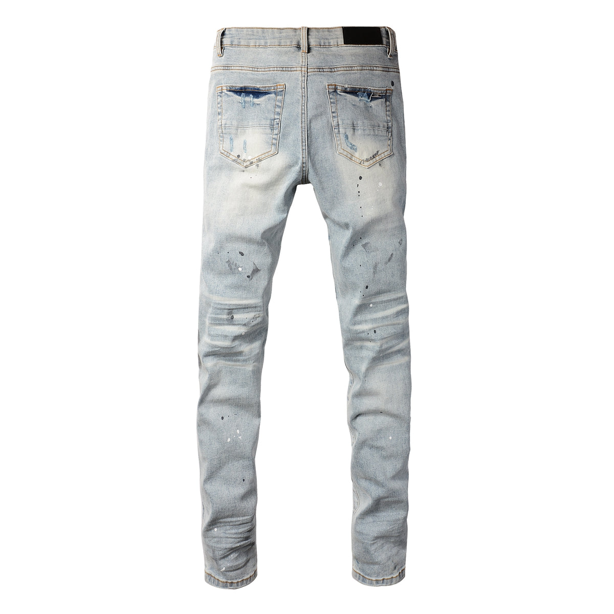 Men’s Light Blue Skinny Jeans with Paint Splatter, Heavy Rips, and Gradient Washed Effect 8899