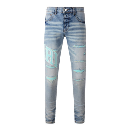 Jean skinny bleu moyen pour homme avec lettrage aqua imprimé et délavage moustaches effet vieilli 8901