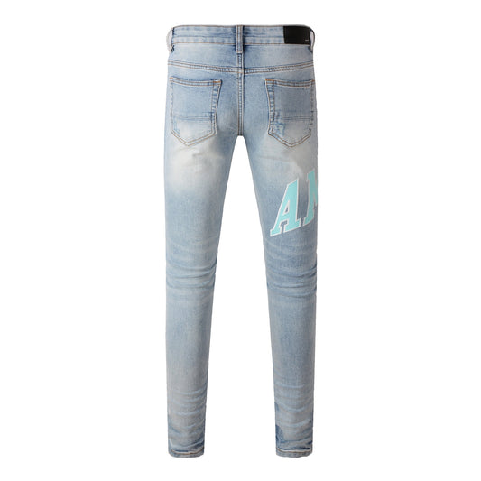 Vaqueros pitillo azul medio para hombre con estampado de letras aqua y efecto desgastado Whisker Wash 8901