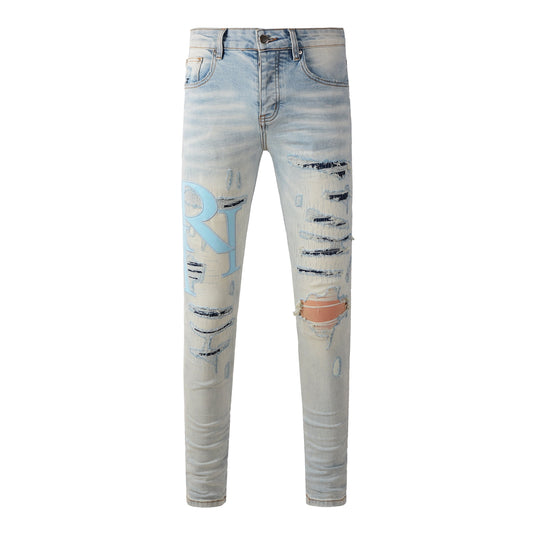 Jean slim bleu clair pour homme avec imprimé lettres bleu ciel et déchirures intenses 8902