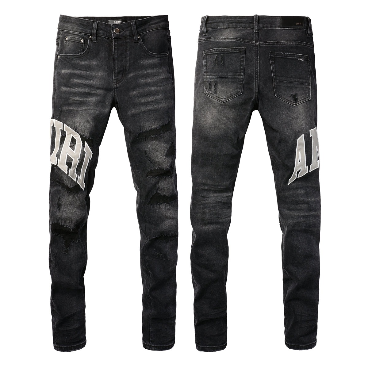 Vintage Washed Ripped Cashew Flower Patch Elastic Slim Small Feet Dark Grey Jeans 8903