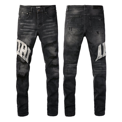 Vintage Washed Ripped Cashew Flower Patch Elastic Slim Small Feet Dark Grey Jeans 8903