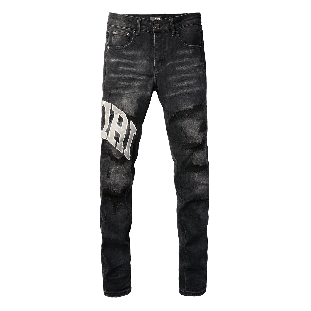 Vintage Washed Ripped Cashew Flower Patch Elastic Slim Small Feet Dark Grey Jeans 8903