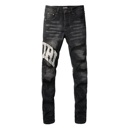 Vintage Washed Ripped Cashew Flower Patch Elastic Slim Small Feet Dark Grey Jeans 8903