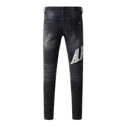 Vintage Washed Ripped Cashew Flower Patch Elastic Slim Small Feet Dark Grey Jeans 8903
