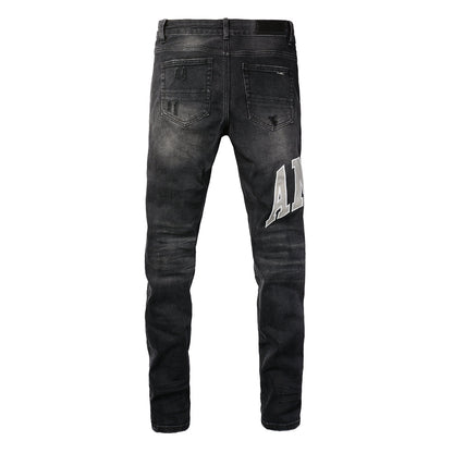Vintage Washed Ripped Cashew Flower Patch Elastic Slim Small Feet Dark Grey Jeans 8903