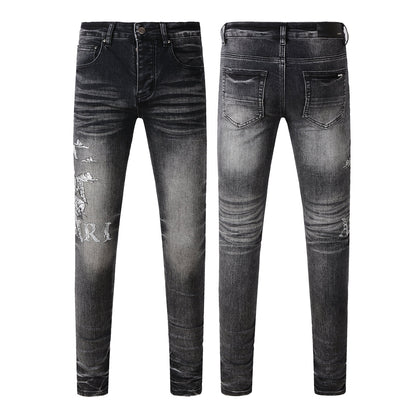 Men’s Washed Black Skinny Jeans with Distressed Eagle Graphic and Gothic Letter Embroidery 8906