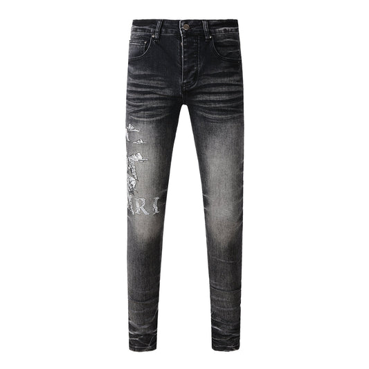 Men’s Washed Black Skinny Jeans with Distressed Eagle Graphic and Gothic Letter Embroidery 8906