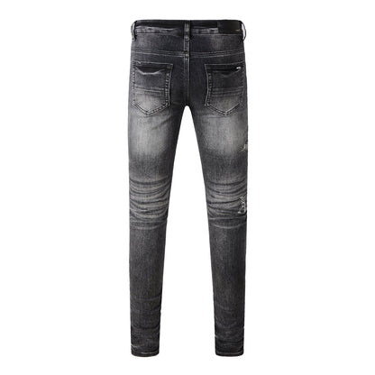 Men’s Washed Black Skinny Jeans with Distressed Eagle Graphic and Gothic Letter Embroidery 8906