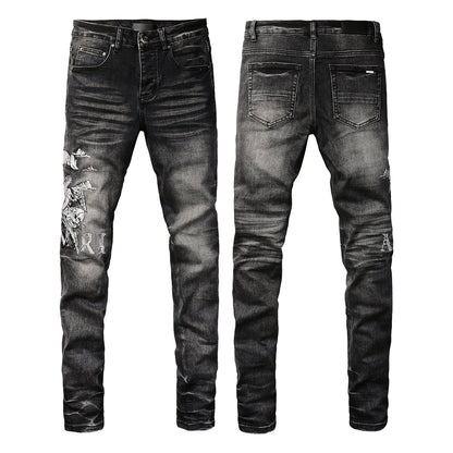Men’s Washed Black Skinny Jeans with Distressed Eagle Graphic and Gothic Letter Embroidery 8906