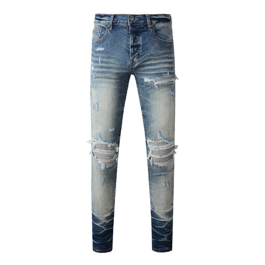 Men’s Two-Tone Blue Skinny Jeans with Heavy Knee Distressing and Whisker Fade Wash 8907