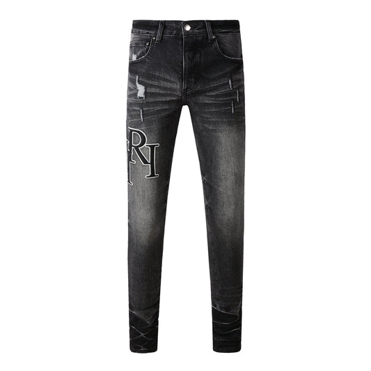 Jean Skinny Homme Noir Délavé avec Imprimé Lettres Blanches et Légères Distresses 8908