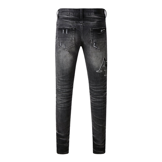 Men’s Washed Black Skinny Jeans with White Letter Print and Subtle Distressing 8908