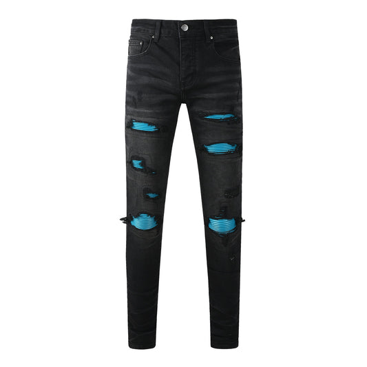 Men’s Black Distressed Skinny Jeans with Blue Ribbed Patchwork 8912