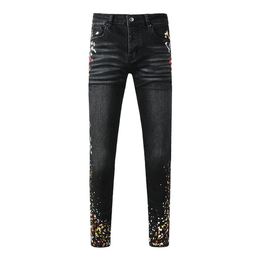 Street Style Men’s Black Skinny Jeans with Splatter Print and Washed Effect 8913