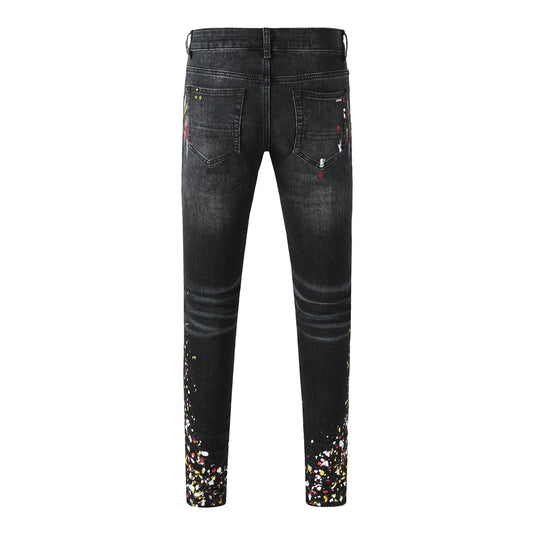 Street Style Men’s Black Skinny Jeans with Splatter Print and Washed Effect 8913