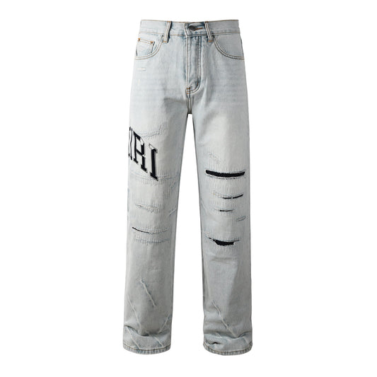 Men’s Light Blue Loose Fit Jeans with Black Letter Print and Ripped Details 8916