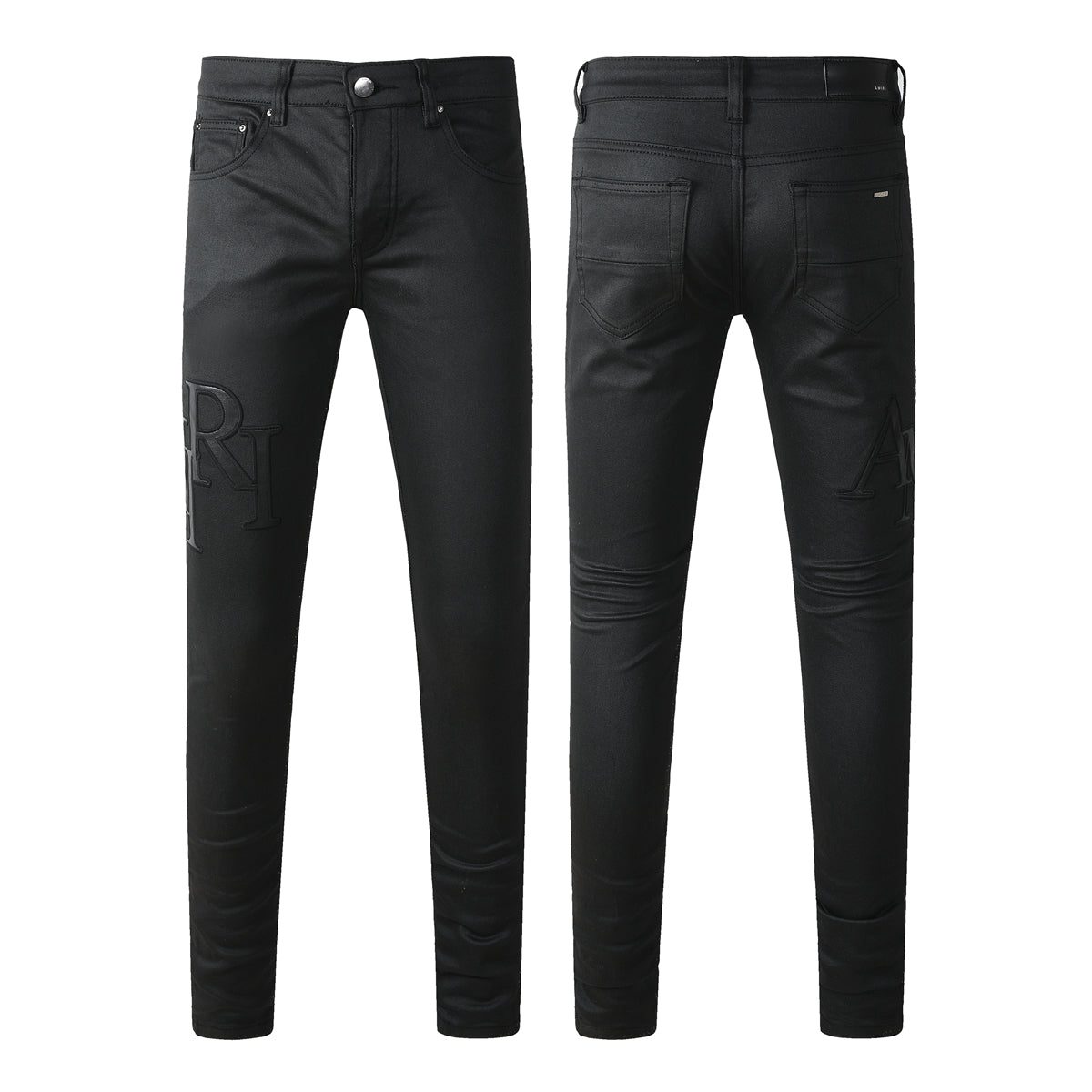 Men’s Black Skinny Jeans with Tonal Embroidered Lettering 8918