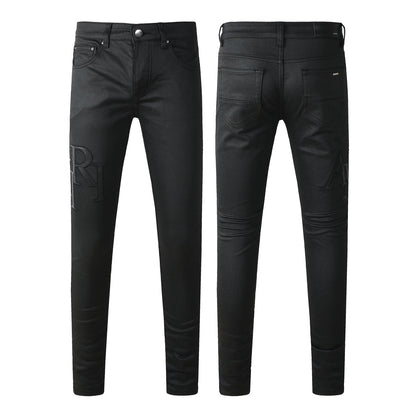 Men’s Black Skinny Jeans with Tonal Embroidered Lettering 8918