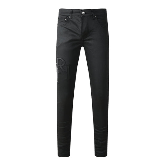 Men’s Black Skinny Jeans with Tonal Embroidered Lettering 8918