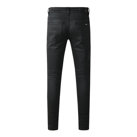 Men’s Black Skinny Jeans with Tonal Embroidered Lettering 8918