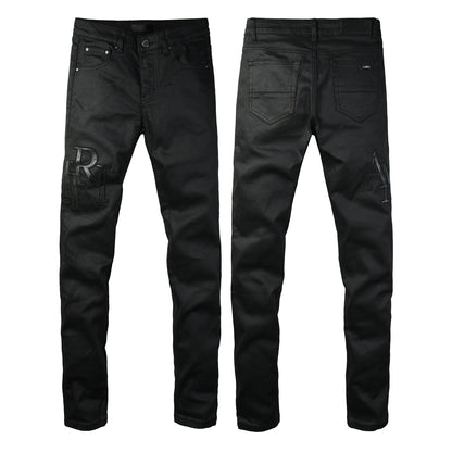 Men’s Black Skinny Jeans with Tonal Embroidered Lettering 8918