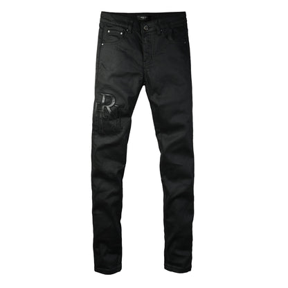 Men’s Black Skinny Jeans with Tonal Embroidered Lettering 8918