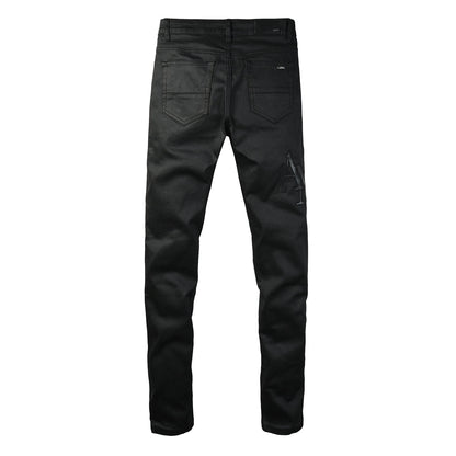 Men’s Black Skinny Jeans with Tonal Embroidered Lettering 8918