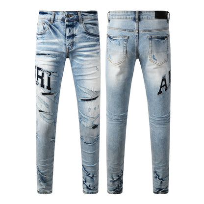 Men’s Light Blue Distressed Skinny Jeans with Bold Patch Lettering 8920