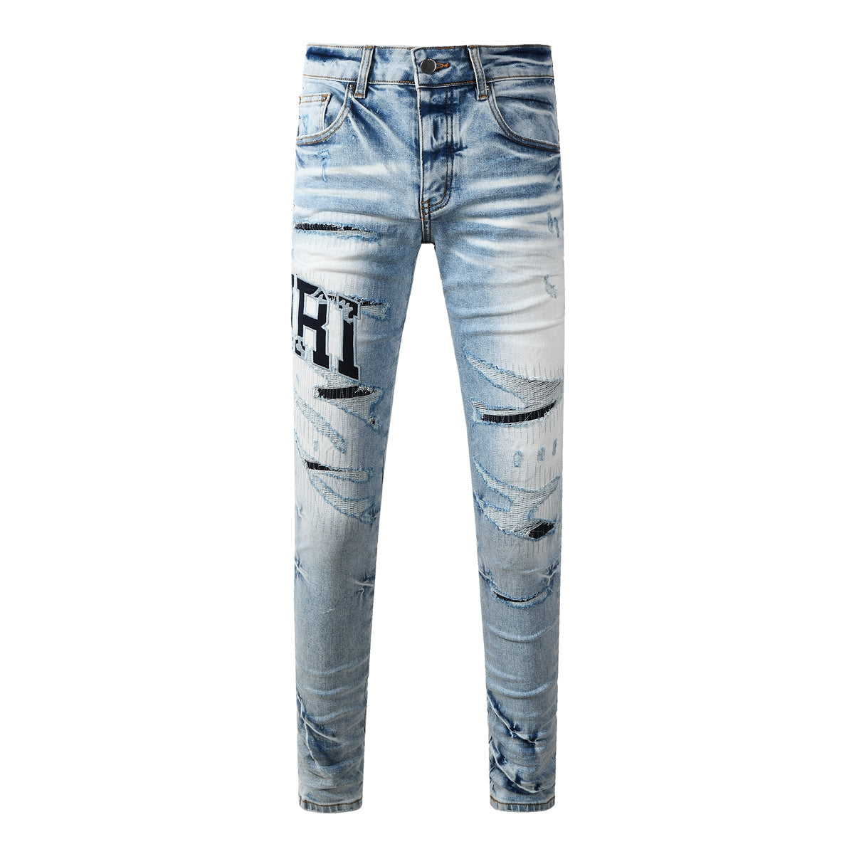 Men’s Light Blue Distressed Skinny Jeans with Bold Patch Lettering 8920
