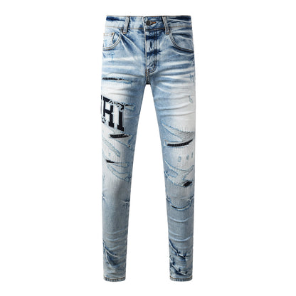 Men’s Light Blue Distressed Skinny Jeans with Bold Patch Lettering 8920