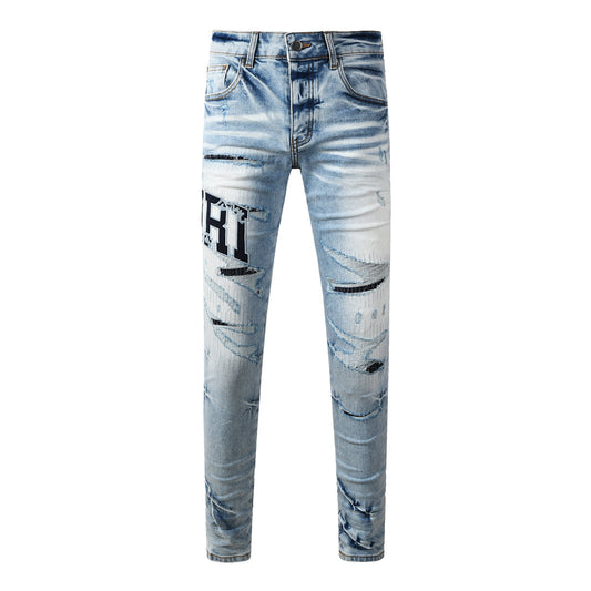 Men’s Light Blue Distressed Skinny Jeans with Bold Patch Lettering 8920