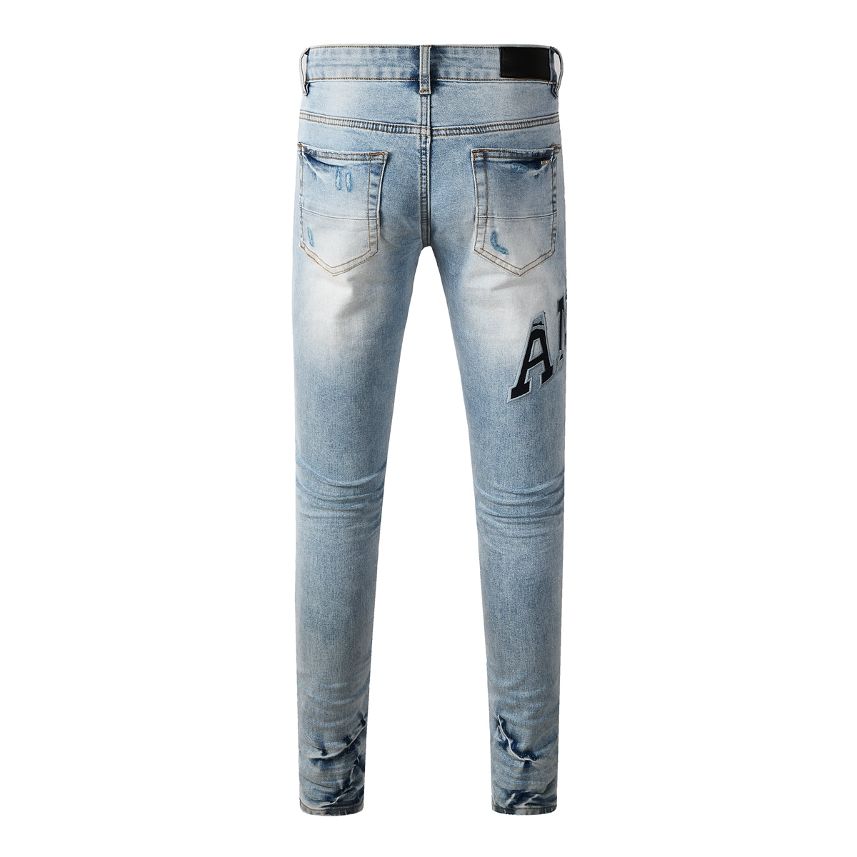 Men’s Light Blue Distressed Skinny Jeans with Bold Patch Lettering 8920