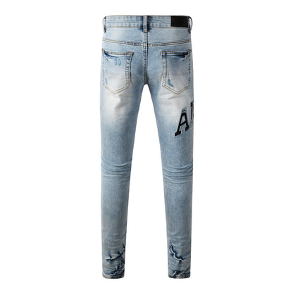 Men’s Light Blue Distressed Skinny Jeans with Bold Patch Lettering 8920