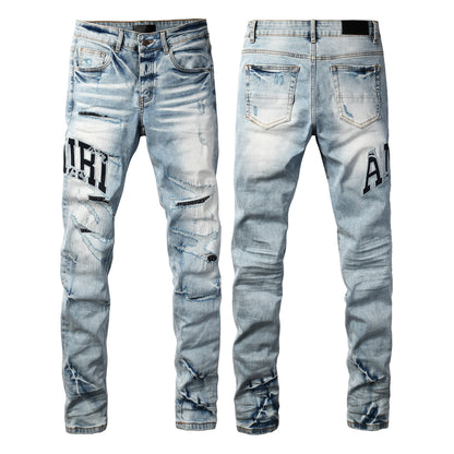 Men’s Light Blue Distressed Skinny Jeans with Bold Patch Lettering 8920