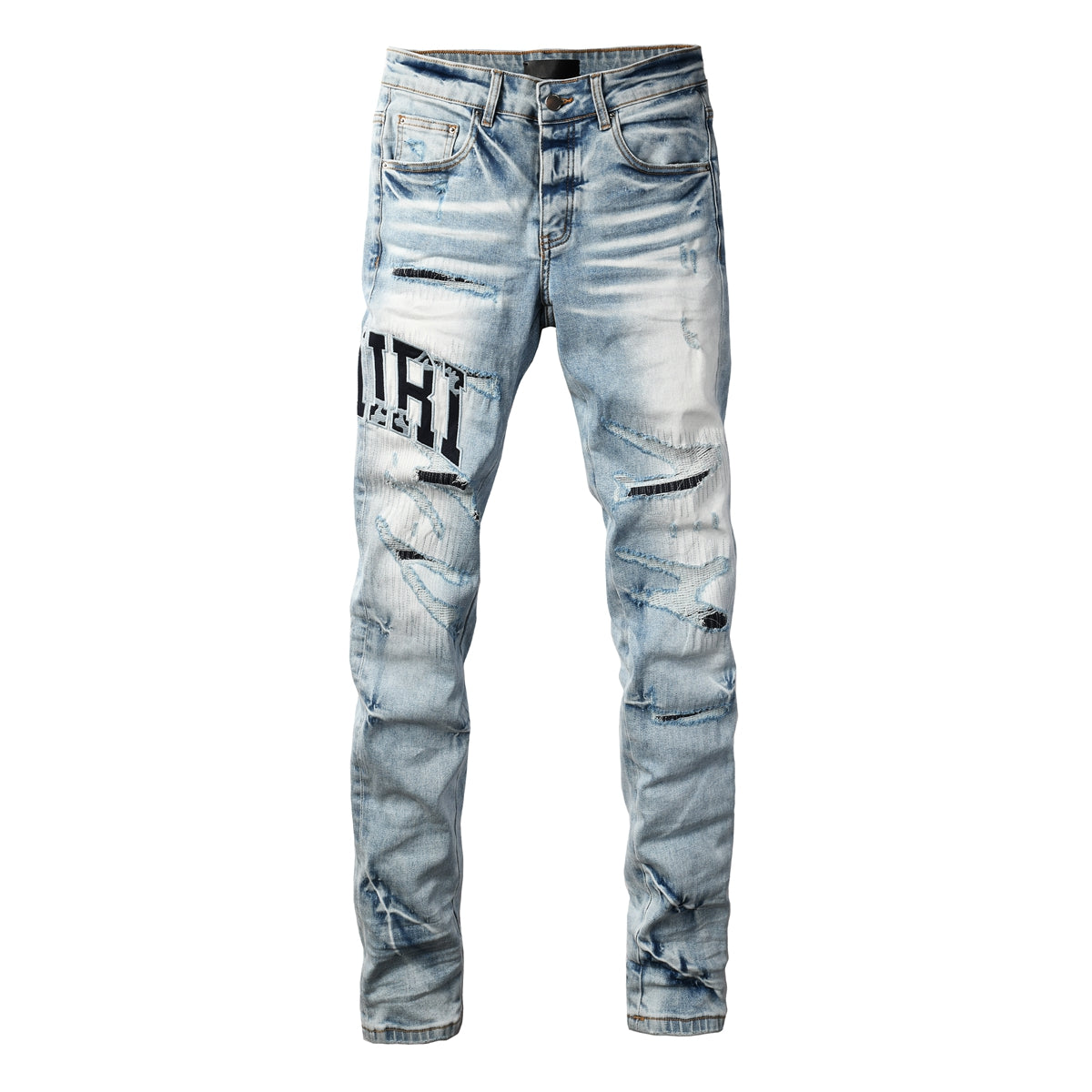 Men’s Light Blue Distressed Skinny Jeans with Bold Patch Lettering 8920