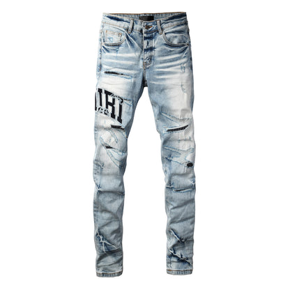 Men’s Light Blue Distressed Skinny Jeans with Bold Patch Lettering 8920