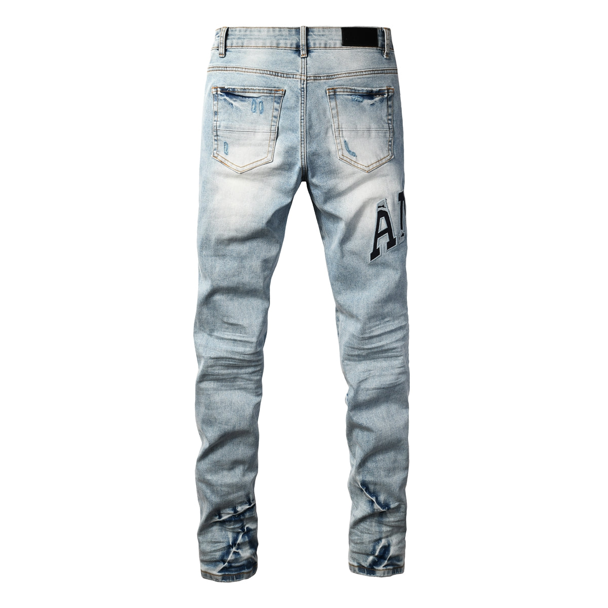 Men’s Light Blue Distressed Skinny Jeans with Bold Patch Lettering 8920