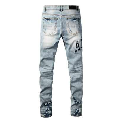 Men’s Light Blue Distressed Skinny Jeans with Bold Patch Lettering 8920