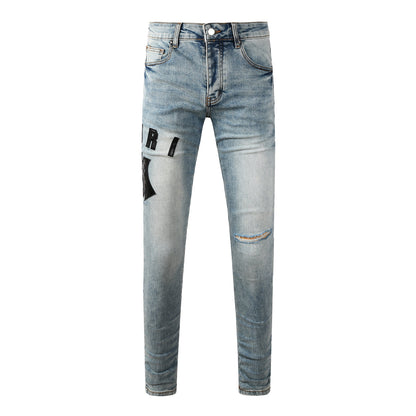 Men's Light Wash Slim-Fit Distressed Denim Jeans with Subtle Rips 8921