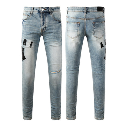 Men's Light Wash Slim-Fit Distressed Denim Jeans with Subtle Rips 8921
