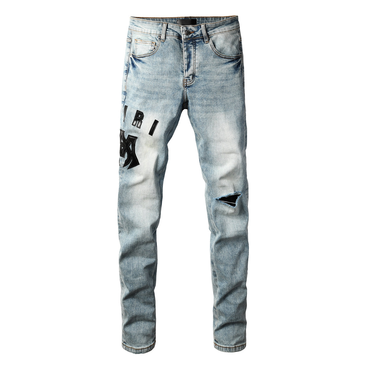 Men's Light Wash Slim-Fit Distressed Denim Jeans with Subtle Rips 8921