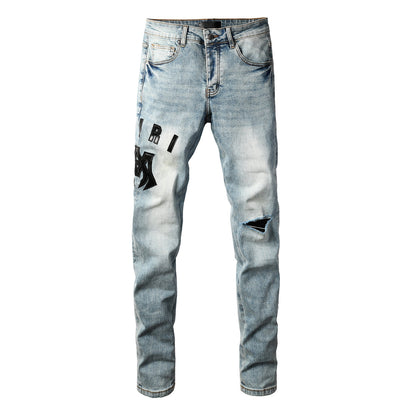 Men's Light Wash Slim-Fit Distressed Denim Jeans with Subtle Rips 8921