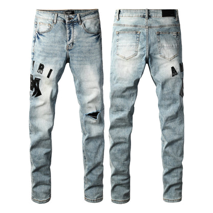 Men's Light Wash Slim-Fit Distressed Denim Jeans with Subtle Rips 8921