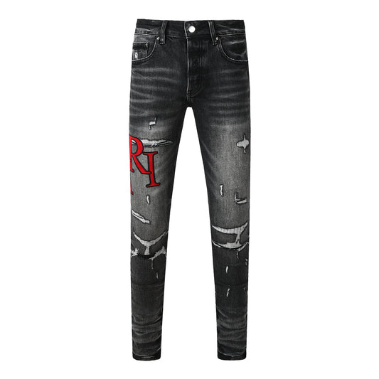 Men’s Black Washed Skinny Jeans with Red Letter Embroidery Distressed Street Style Denim Pants 8922
